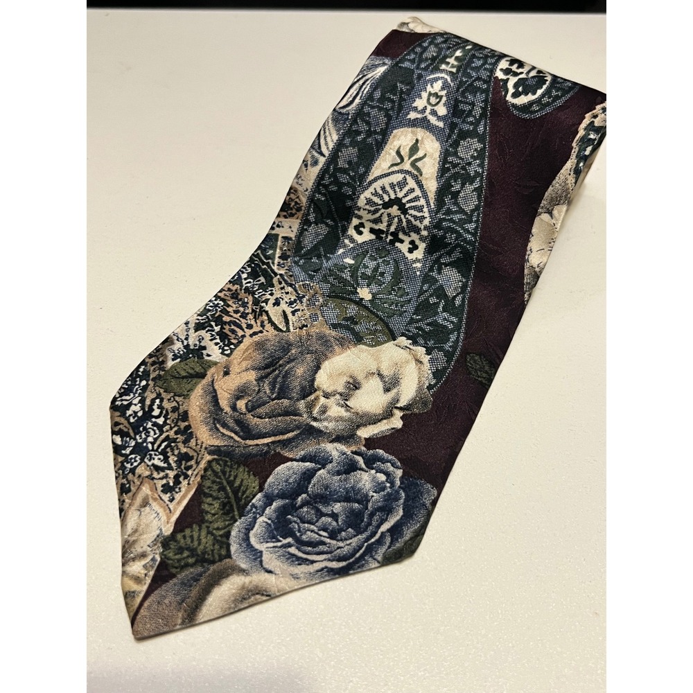 Burma Bibas All‎ Silk Handmade Floral Tie 58x3 Vintage Tapestry Print Necktie